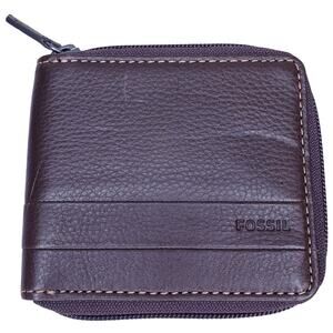 NWOT FOSSIL Lufkin Men's Brown Leather Zip Around Bifold Wallet